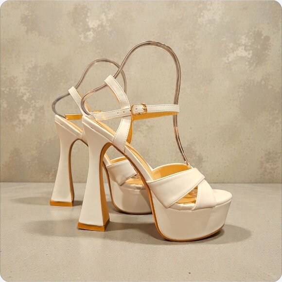 Shoes - White Faux Leather Platform High Heel Sandals With Ankle Strap & Block Heel